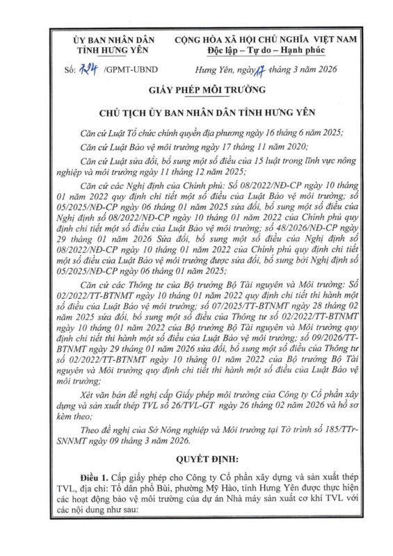 CÔNG BỐ GIẤY PHÉP MÔI TRƯỜNG DO ỦY BAN NHÂN DÂN TỈNH HƯNG YÊN CẤP